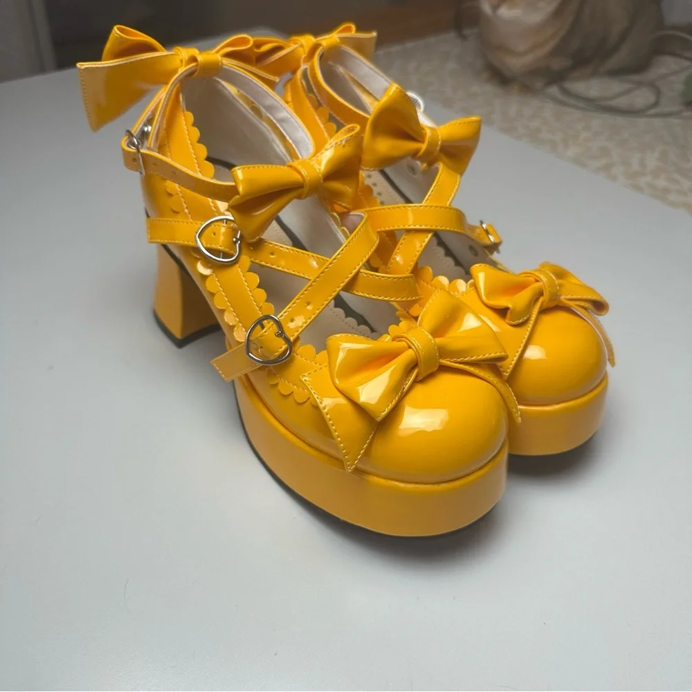Antaina Yellow Coquette Lolita Bows Strappy Chunky HeelPlatform Shoe NWOT 7.5-8? - Picture 4 of 16